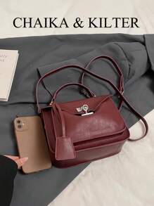 1 件 CHAIKA & KILTER 纯色 PU 皮革手提包，女士时尚手提方形包，带扭锁开合，顶部手柄挎包配有可拆卸可调节肩带，适合日常和街头穿着（随吊坠出售） - 酒紅色 - 查看 3
