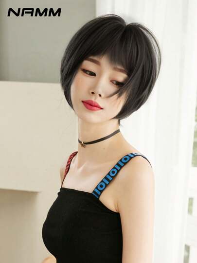 22 英寸黑棕色波波头假发，适合女士，12 英寸短直发，带刘海，合成耐热纤维假发，适合女孩日常派对使用