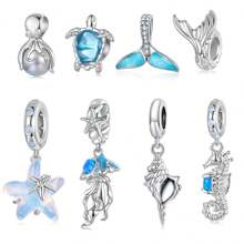WOSTU 1 pièce Série Océan unicolore 925 Argent Sterling Tortue Poulpe Méduse Hippocampe Charm Convient Bracelet Original DIY Accessoires Bijoux Été