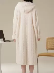 Bata casual de mujer de unicolor de lana jacquard, forro térmico cálido de otoño/invierno con capucha, de manga larga, holgada y de franela con bolsillos, ropa de dormir