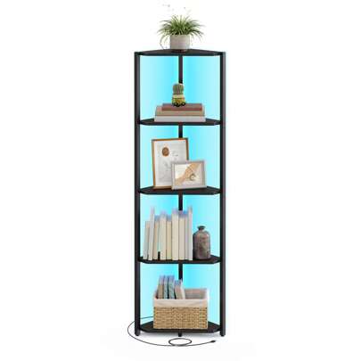 VASAGLE 5-Tier Corner Shelf, Bookcase With Adjustable LED Lights, Storage Shelf With Steel Frame, 24.8 X 48 X 146.6 Cm, For Living Room, Bedroom, Study, Rustic Brown