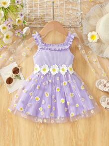 Cute Daisy Print Mesh Ruffle Edge Strap Patchwork Baby Girl Summer Dress - Purple - View 1