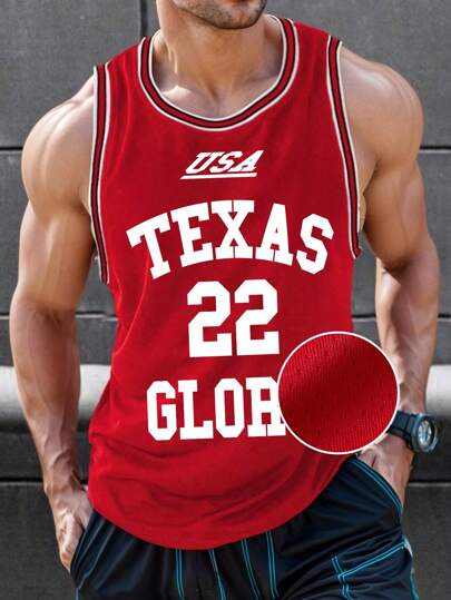 男士运动户外篮球风格春夏学院运动篮球队22号纯色拼布圆领时尚德克萨斯印花无袖休闲篮球服