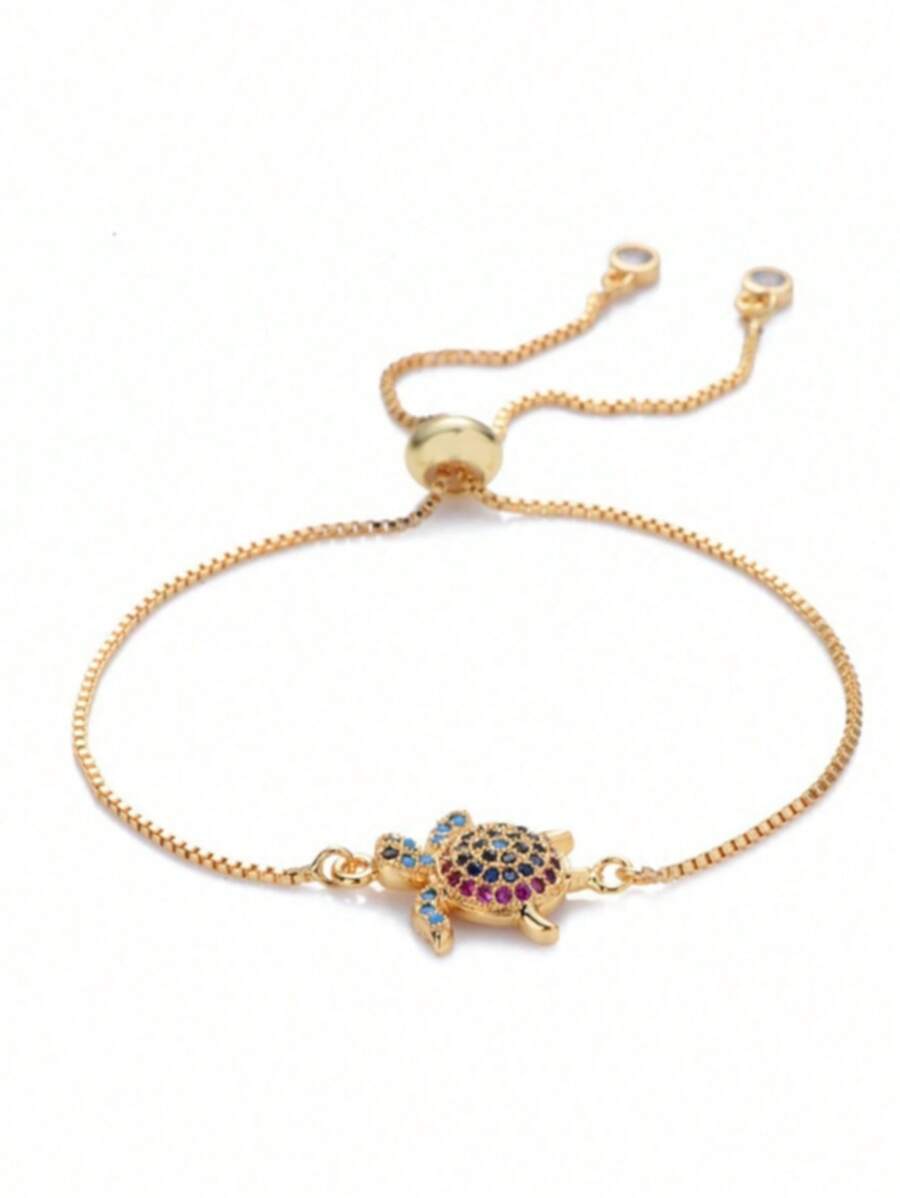 1pc Chic European & American Style Micro-Inlaid Zirconia Colorful Small Turtle Decorative Adjustable Bracelet