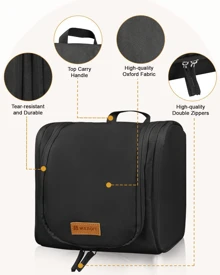 Travel Toiletry Bag - Polyester, Dual-Zipper Design With Hanging Hook