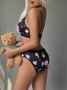 Sanrio [WONDER WORLD]2pcs Printed Women Bra And Elastic Waist Panty Sets - Black - View 2