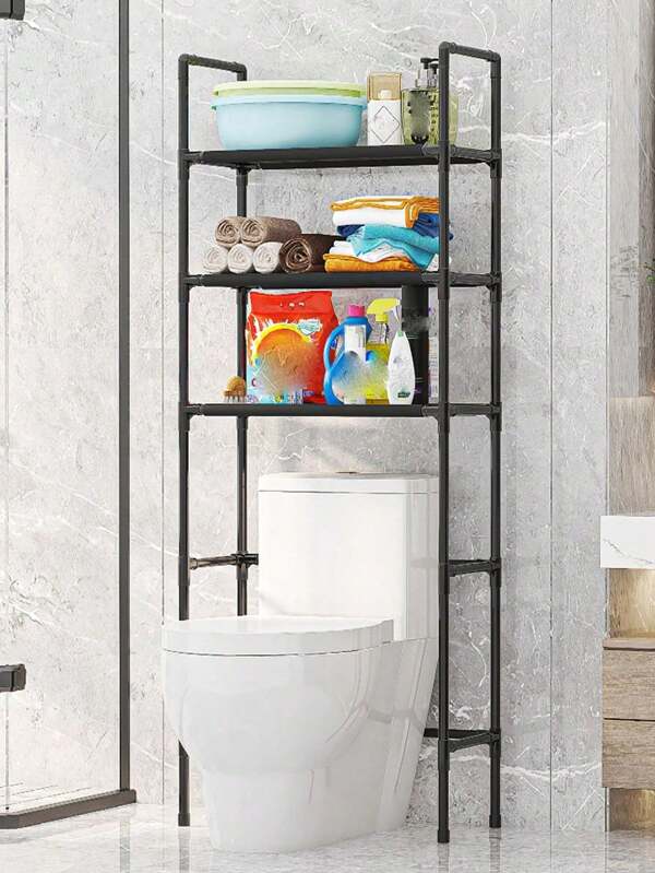 1pc 3-Tier Bathroom Shelving Rack With Handrail, Freestanding Toilet/Laundry Storage Organizer, No Drilling Required