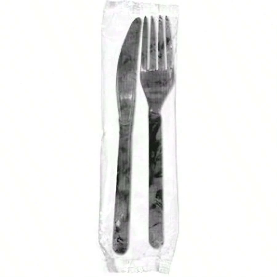 AmerCareRoyal 2-In-1 Disposable Silverware Heavy Weight Plastic Utensil Set With Fork And Knife - Individually Wrapped Cutlery Meal Kit Black Case Of 1000 - Black1 - View 1
