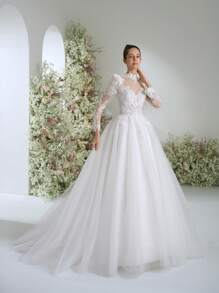 Elasola 优雅时尚的长袖婚纱、露背婚纱、立领婚纱、教堂婚纱、毕业草坪婚纱、A字拖尾婚纱，新娘优雅之选 - 白色 - 查看 8