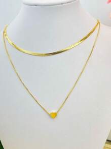 Colar Feminino Corrente Dupla Laminado Fileira Com Coração Luxo Folheado Ajustável Choker - Dourado - Visão 1