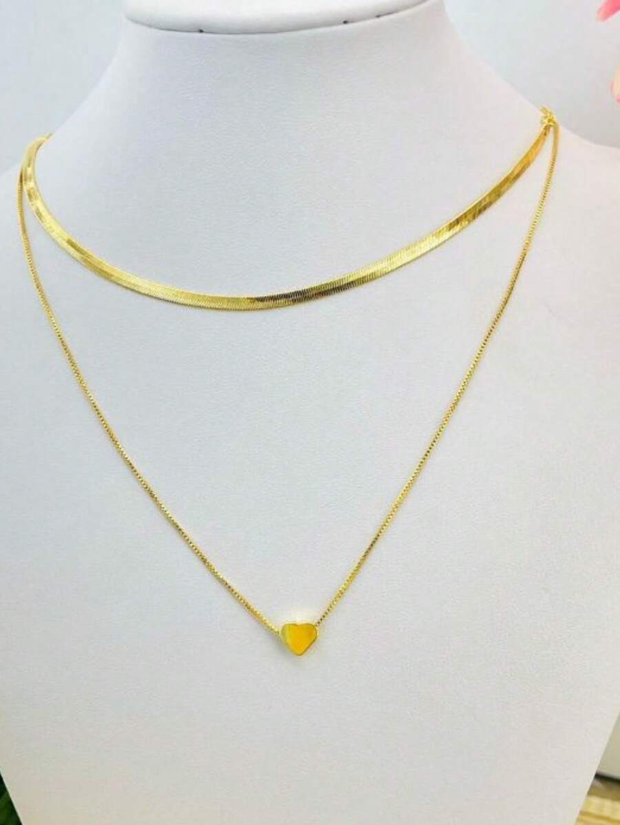 Colar Feminino Corrente Dupla Laminado Fileira Com Coração Luxo Folheado Ajustável Choker - Dourado - Visão 1