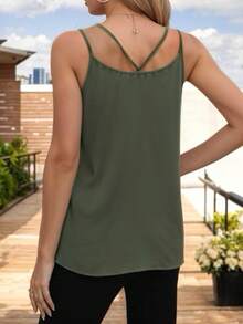 Women's Basic Blouse With Crossed Straps And V-Neckline - Army Green - View 4