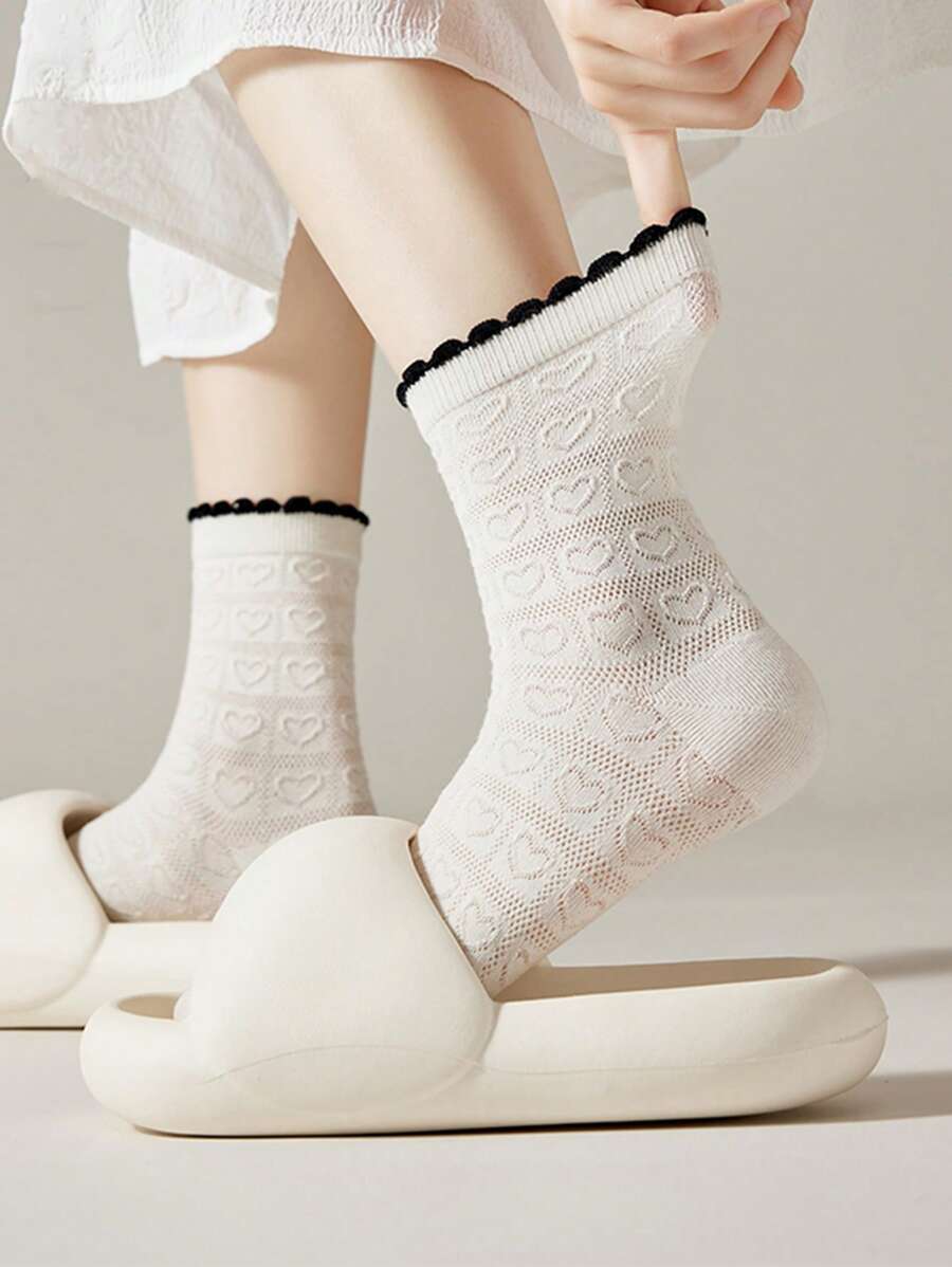 1 Pair White Hollow Heart Retro Ballet Crew Socks, Spring/Summer - Multicolor - View 1