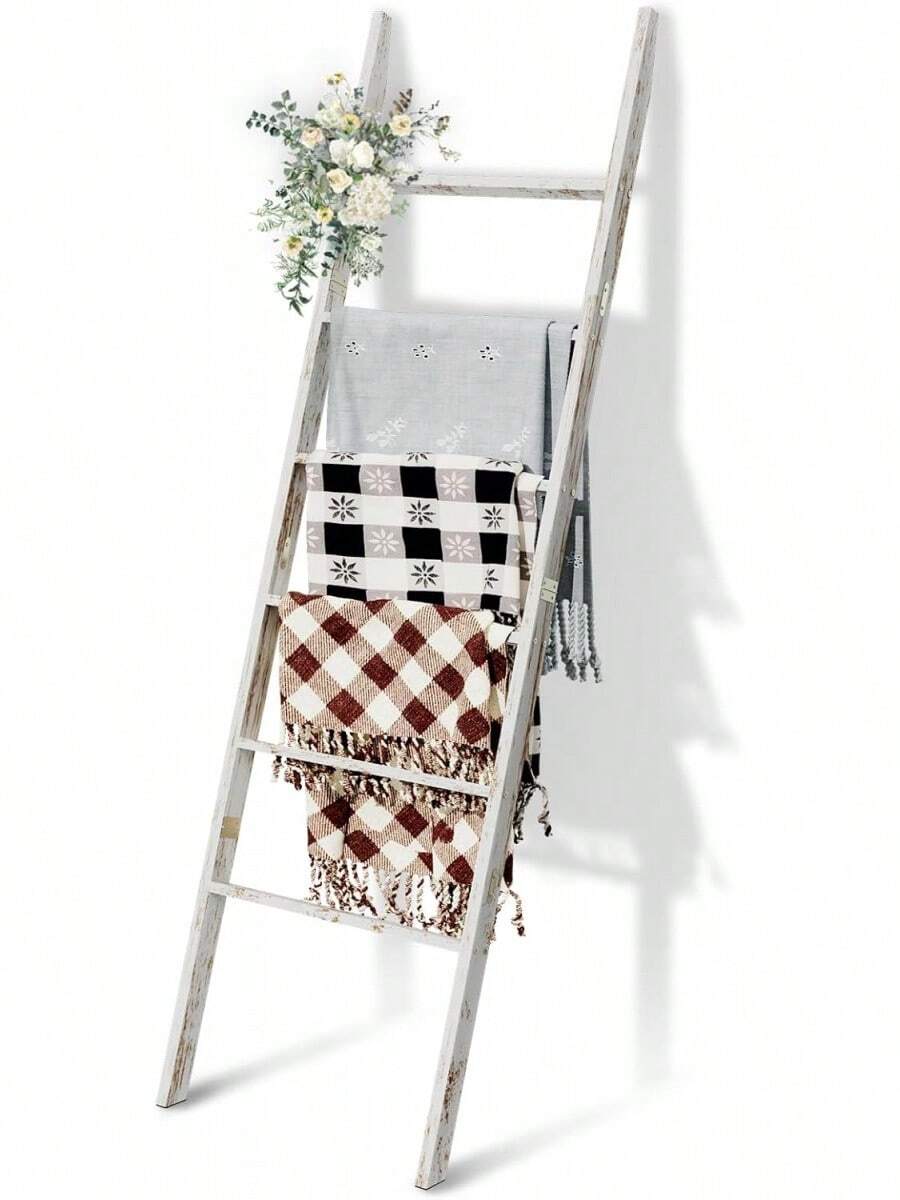 6-Tier 5.7FT Wooden Blanket Ladder - Easy Assembly, Rustic Decor For Living Room, Bedroom, Bathroom - White Wash - 白色 - 查看 1
