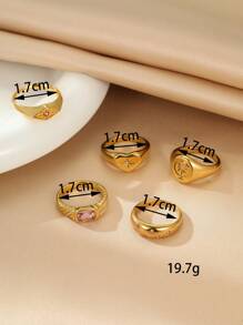 Set 5 Cincin Stainless Steel Warna Emas dengan Batu Permata Merah Muda, Perhiasan Fashion Sederhana Cocok untuk Wanita, Dekorasi Sehari-hari atau Hadiah - Yellow Gold - View 3