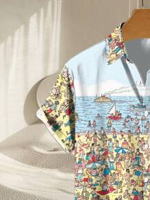 Camisa casual de manga corta con estampado de tiburón para hombres, ideal para el verano y las vacaciones en la playa