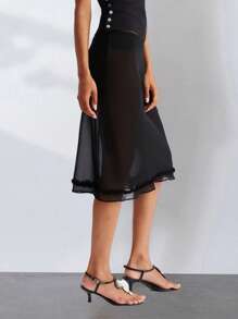 Midi Skirt See Through Low Rise Ruffled Hem Dot Pattern White Black Sheer Skirt - 黑色 - 查看 4
