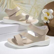 New Women Sandals, Fashion Asymmetric Design, Flat, Comfortable, Lightweight, Versatile Beach Sandals, White Thick Sole, Everyday Simple Loop & Hook Closure - Champagne - View 2