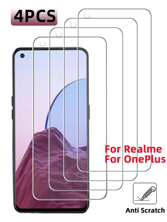 4 件超清晰钢化玻璃屏幕保护膜，兼容多种 Realme 和 OnePlus 型号，疏油涂层，防刮，易于安装，生日、家人、朋友的礼物手机屏幕保护膜，手机配件