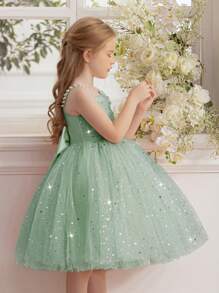 Young Girl Spaghetti Strap Bow Beaded Mesh Sequin Mint Green Elegant Party Dress, Princess Dress Suitable For Girls Birthday Party, Evening Gala, Wedding, Flower Girl, Holiday Celebration, All Season - Mint Green - View 5