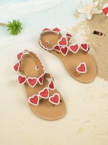 1 Pair Fashion Forward Round Toe Flat Heart Decor Girl Sandals, Lightweight & Comfortable For Vacation, Outdoor, Beach - Red - View 2
