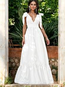 Vestido Largo de Primavera/Verano con Hombros Descubiertos y Cordón Ajustable con Escote en V o Pico Profundo y Volante Bajo Casual para Mujer - Blanco - Ver 3