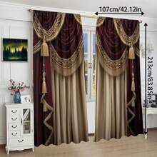 2pcs Burgundy And Dark Brown European Style Faux Curtain Decorative Curtain Rod Sleeve Curtain, Suitable For All Seasons, Modern Digital Printing Curtain, Polyester Fleece Fabric, Semi-Sheer, Artistic Leaf Pattern, Fade Resistant, Vertical Knitting, Machine Washable, Suitable For Living Room And Bedroom Decor - Multicolor - View 3