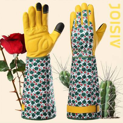 JOISIV JOISIV Comfortable Women's Long Gardening Gloves – Premium Green Print Leather And Breathable Cowhide Gauntlet Rose Gloves, Thorn-Proof, Scratch-Resistant, And Flexible For Yard Work, Pruning, And Garden Maintenance – Perfect For Handling Roses, Cacti, And Other Thorny Plants (1 Pair),Garden Tools