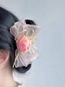 1 件女士大号飘逸网状蝴蝶结复古玫瑰发夹，法式发髻装饰发夹，春夏度假风