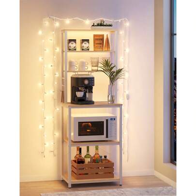 VASAGLE Coffee Bar, Baker's Rack For Kitchen With Storage, 6-Tier Kitchen Shelves With 6 Hooks, Microwave Stand, Industrial, 15.7 X 23.6 X 65.7 Inches, Oak Color And White,Greige And Black,Rustic Brown And Black