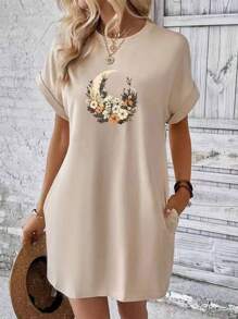 Summer Loose Casual Ladies Short T-Shirt Dress Printed With Moon And Flower Prints
