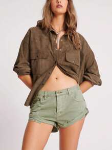 Denim Shorts For Women Mid Rise Ripped Jean Shorts Stretchy Ripped Rolled Hem Retro Hot Short Jeans Summer Streetwear - Green - View 5