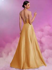 BluePlum Women Heart Shaped Bandeau Floor Length Gown, Elegant Luxury Backless Fitted Formal Party Cocktail Evening Dress With High Slit A-Line Dress, Spring/Summer, Wedding Guest Dress