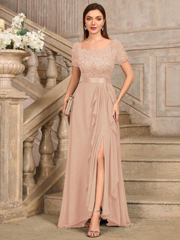 MIUSOL Boat Neck Floral Lace Contrast Chiffon Ruffle Evening Party Wedding Guest Maxi Dress