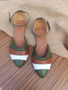 KIT 2 Pairs Salome Sandals Pointed Toe Flats Comfortable Elegant Casual Women's Black White Caramel Jeans Foreign Fashion Promotion - 軍綠色 - 查看 5