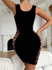 Sexy Hollow Out Tight Mesh Bodycon Dress With Playful Ruched Skirt - Black - View 4