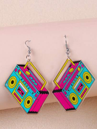 1 Pair Vintage Acrylic Magenta Radio & Cassette Tape Minimalist Design Earrings For Women
