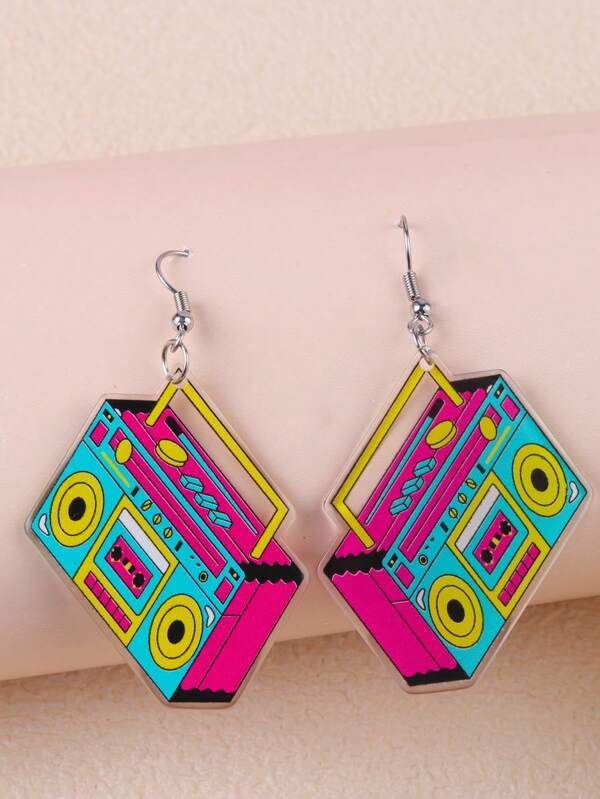1 Pair Vintage Acrylic Magenta Radio & Cassette Tape Minimalist Design Earrings For Women