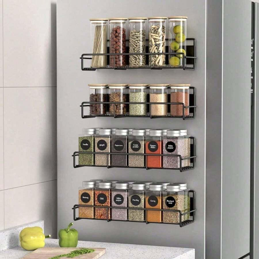 4-Pack Black Metal Magnetic Spice Rack For Refrigerator And Microwave Oven