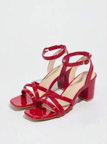 1 Pair Women's Fashion Crossed Strap Thick Heel Party Sandals, Crocodile Embossed Straps Roman Style Thick Heel Sandals