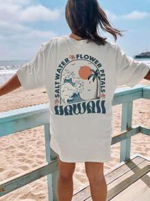 Spring And Summer Women's Graphic White Tees, Beach Country Vacation Palm Tree Wave Sun Printed Girls Fashion T-Shirt, Summer Outdoor Necessities Personalized Clothing, Show Your Elegant Multi-Functional Clothing Everyday Wear, Short-Sleeved Round Neck Casual Top