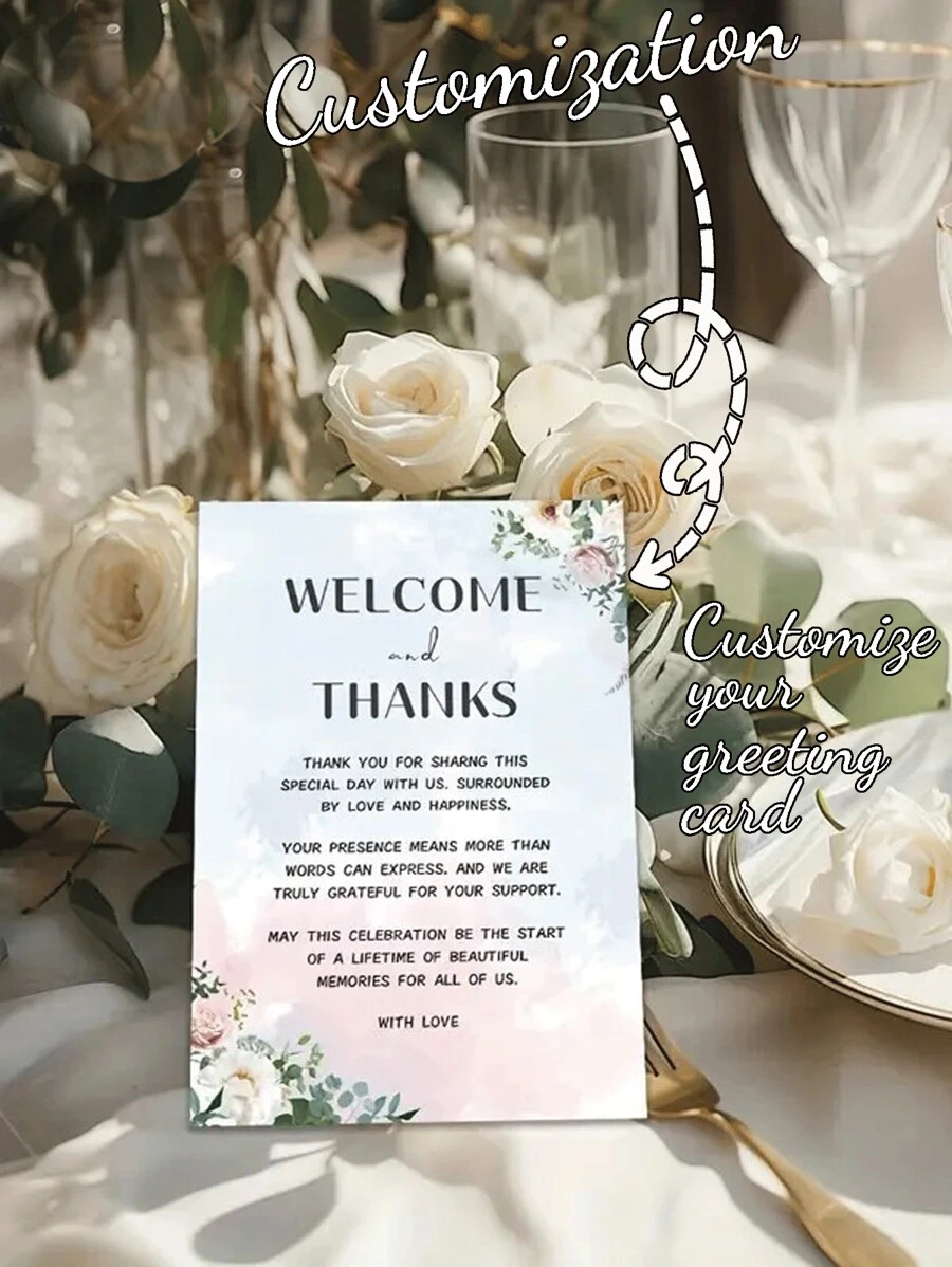 个性化定制婚礼感谢卡，花卉婚礼及新婚配饰，婚礼策划用品，完美适用于宾客餐桌装饰，适合婚礼、订婚、生日及其他场合。复古、卡通、可爱、定制、个性化、独特、专属定制，适用于员工、客户、学生、商务/工作/办公、学校、学习用品、返校季、办公室、学校、教室、教师礼物、大学、同事、宿舍、教师、男孩女孩、青少年、初中生、高中生、大学生、大一、大二、低年级学生、定制贺卡、办公及学习用品、圣诞装饰、带Logo文字的定制名片