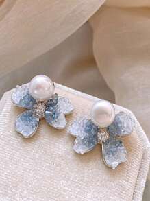 1 对时尚仿珍珠鸢尾花装饰耳环，独特优雅的风格适合女性日常穿着、外出、拍照、送给女朋友或伴娘的礼物（宝石颜色各异） - 藍色 - 查看 8