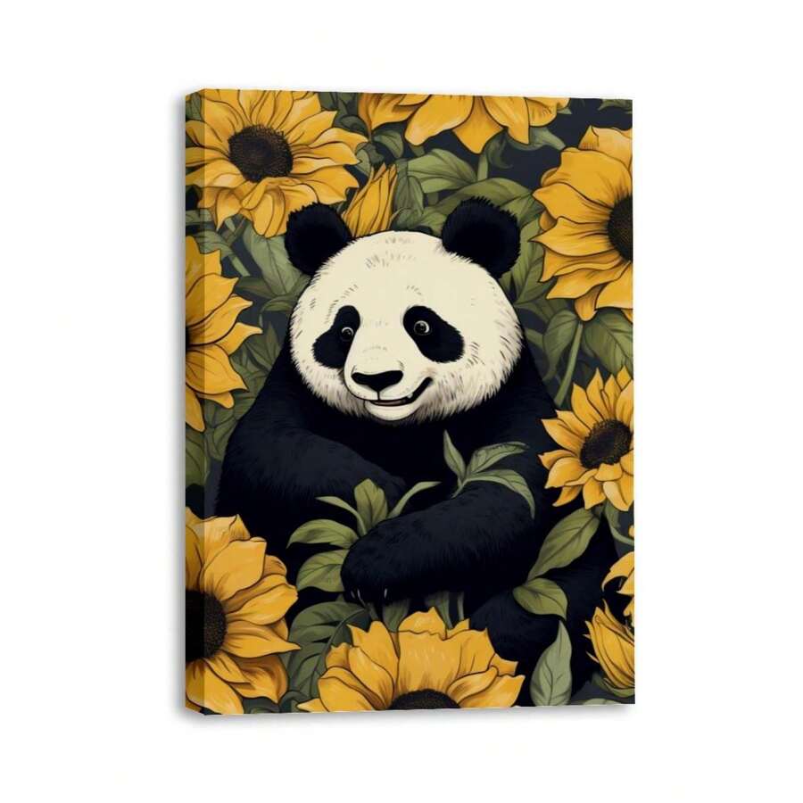 1 Piece Home Wall Decor Framed Canvas Panda Among Sunflower Pattern Canvas Wall Art Paintings For Living Room - Canvas Framed Print Wall Artworks Bedroom Decoration Office Wall Decor