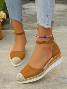 2025 New European & American Fashion Plus Size Wedge Heel Sandals, Jute Splice Roman Sandals, Comfortable & Lightweight Strap Solid Color Ladies Shoes For All Seasons