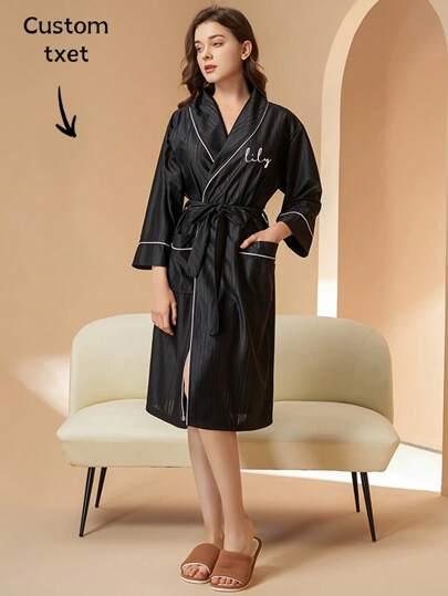 1pc Men's Personalized Long Satin Robe, Silky Robe, Sleepwear, Women's Satin Robe, Striped Textured Silk 3/4 Sleeve Shawl Collar Loungewear, SPA Mid-Length Robe, Soft & Comfortable, Knee-Length, Autumn Decorative Sleepwear, Wedding, Wedding Accessories, Bridesmaid Gift, Beach Essential, Back To School Essential, Spa Towel, Hotel Gym, Home Essential, Towel, Skincare