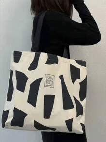 Women's Fashion Geometric Print Large Capacity One Shoulder Tote Bag - Black - View 2