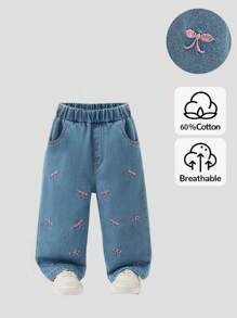 Baby Girl Embroidered Bow Straight Leg Jeans With Pockets, Sweet & Cute Style Suitable For Outgoing, Home, Party, Versatile - Blue - View 1