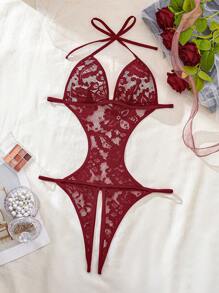 Women's Burgundy V-Neck,Lace Splicing,Backless And Sheer Mesh,Bow Decoration,Lace Up,Teddy Sexy Bodysuit ﻿