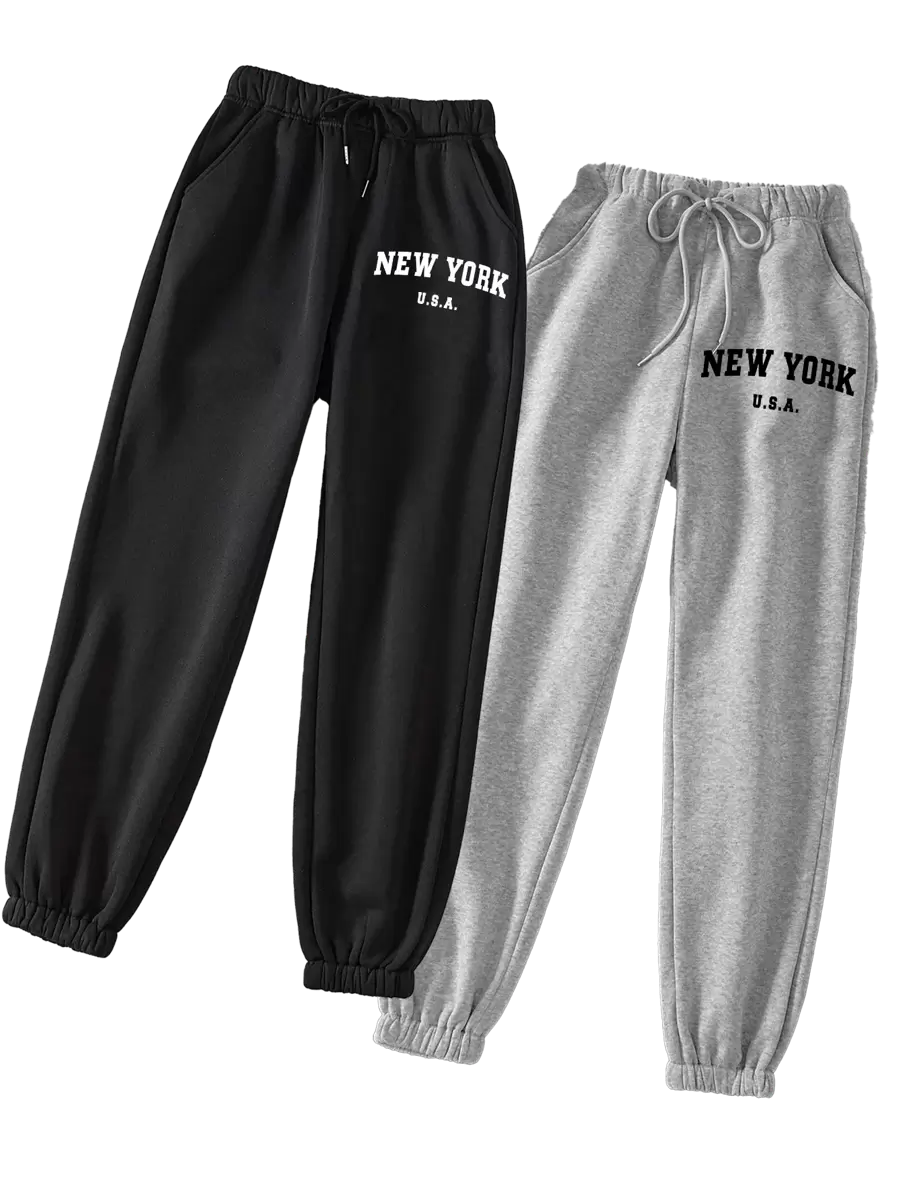 2 Piezas Pantalones Deportivos Con Estampado De Letra De Dibujos Animados De Cintura Con CordóN - Negro y gris - Ver 1